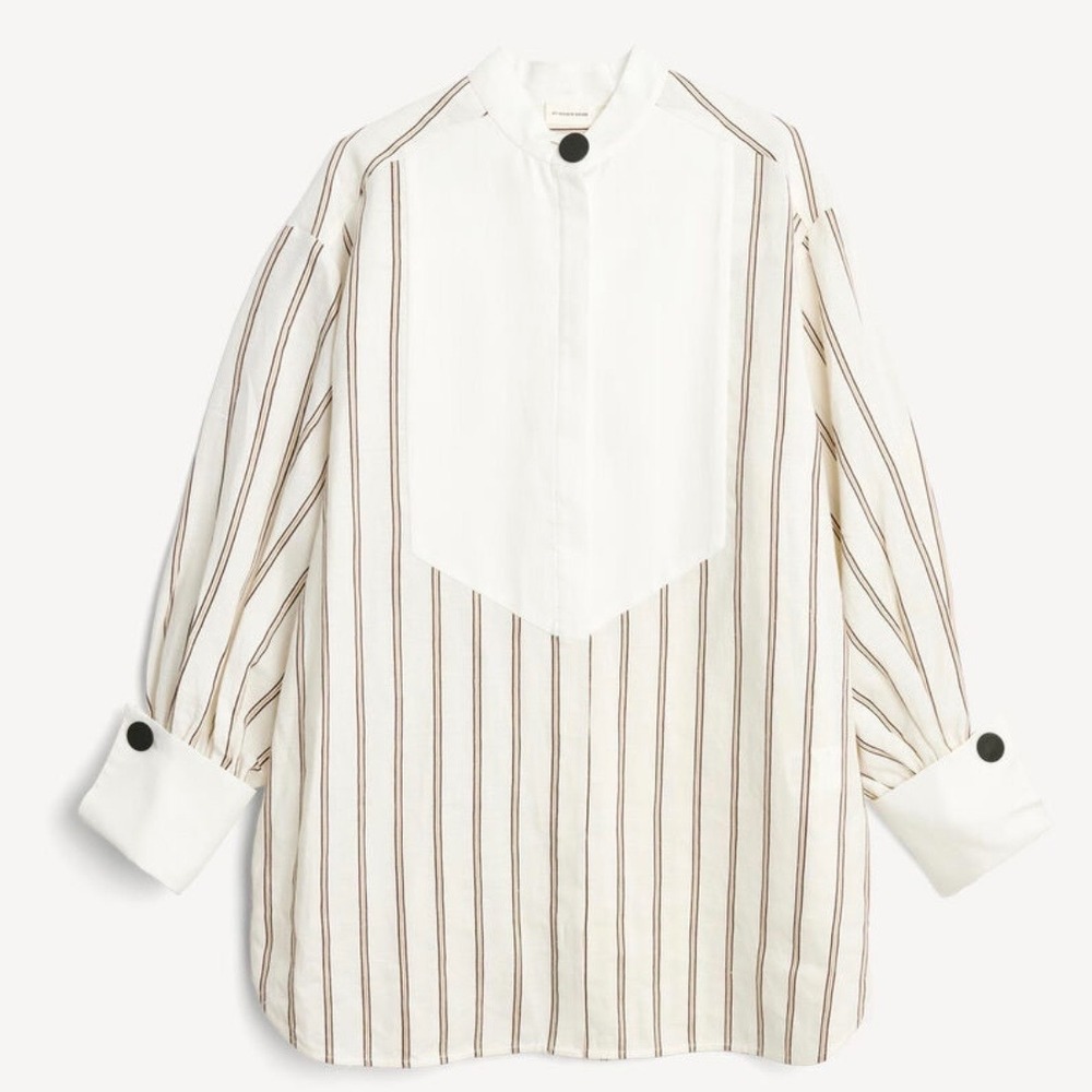 By Malene Birger Aglaja Linen Stripe Oversized Tuxedo Blouse Mandarin Collar 36
